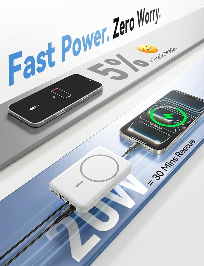 Aobbow Magnetic Portable Charger, 10000mAh for Magsafe Battery Pack, 20W Fast Charging Power Bank, Travel Essential of Wireless Charger Compatible with iPhone 17/16/15/14/13 Pro/Max/Air/Plus-White
