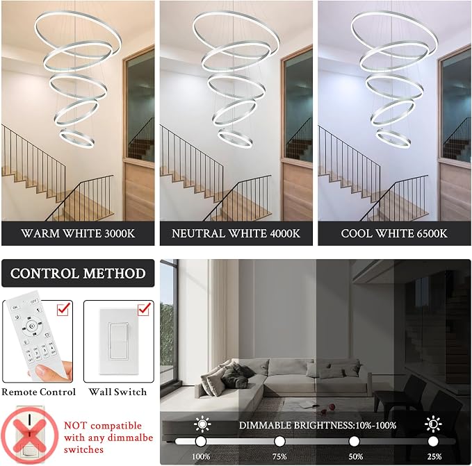 5-Rings D31.5in Modern LED Chandelier Silver Dimmable High Ceiling Chandeliers
