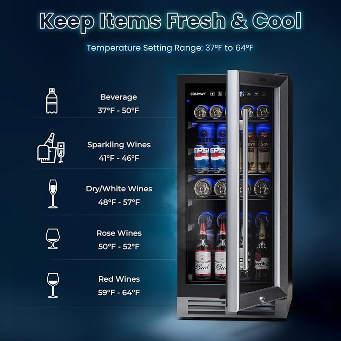 COSTWAY 15 Inch Beverage Cooler Refrigerator - 3.5 Cu.ft Mini Fridge with Glass Door, Lock and Removable Shelves for Soda Beer Wine, Freestanding Small Drink Refrigerator for Home Office Bar