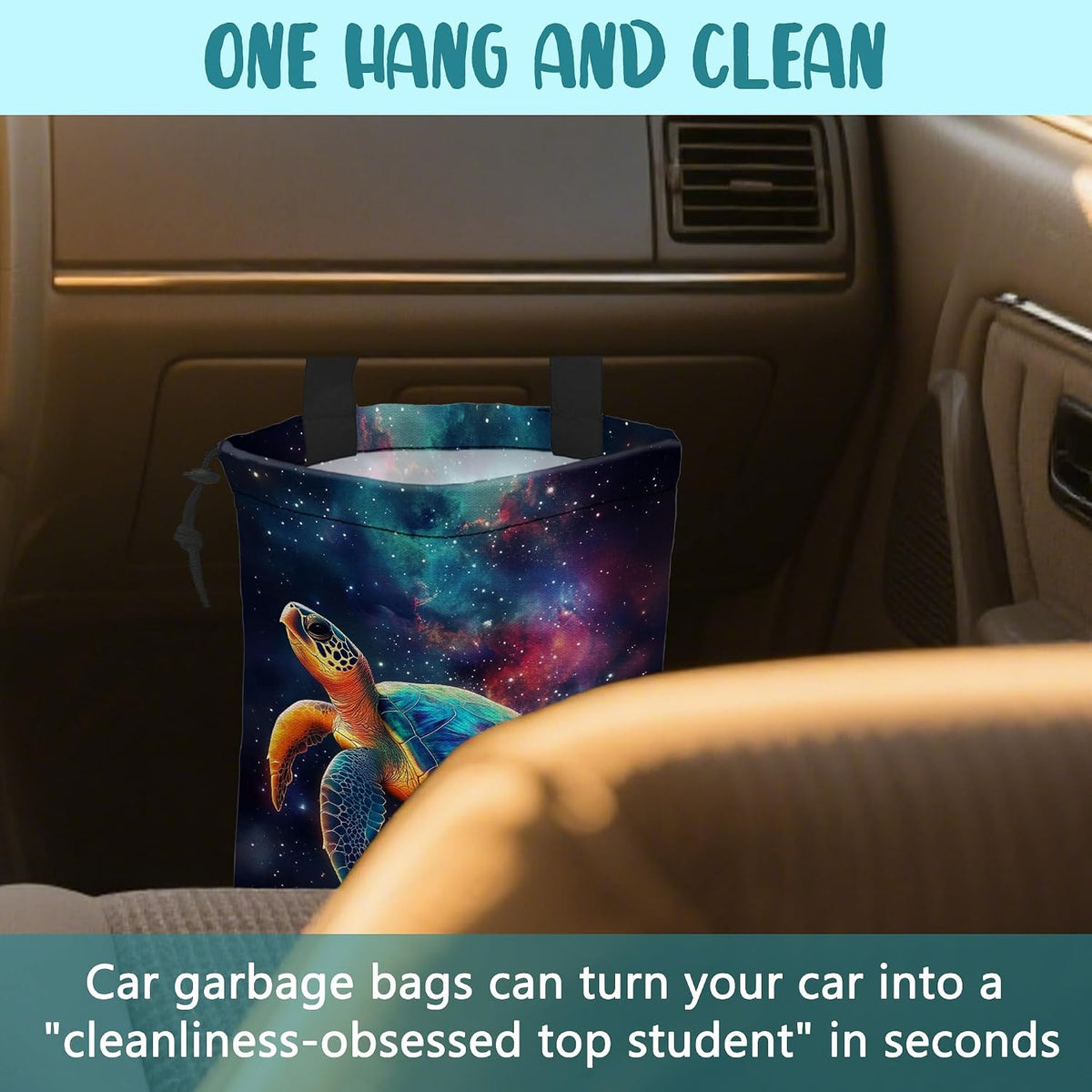 Colorful Galaxy Nebula Car Garbage Bag Sea Turtle Drawstring Car Trash Bag Hanging for Back Seat with Adjustable Buckle Canvas Vehicle Trash Can Easy-to-Install