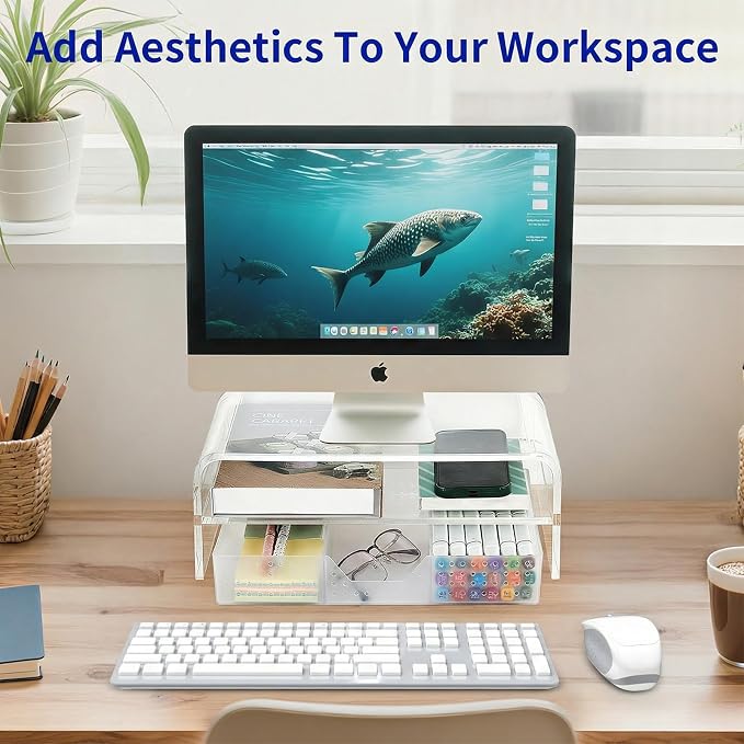 OPNICE Acrylic Clear Desk Organizers and Accessories, 2-Tier Computer Monitor