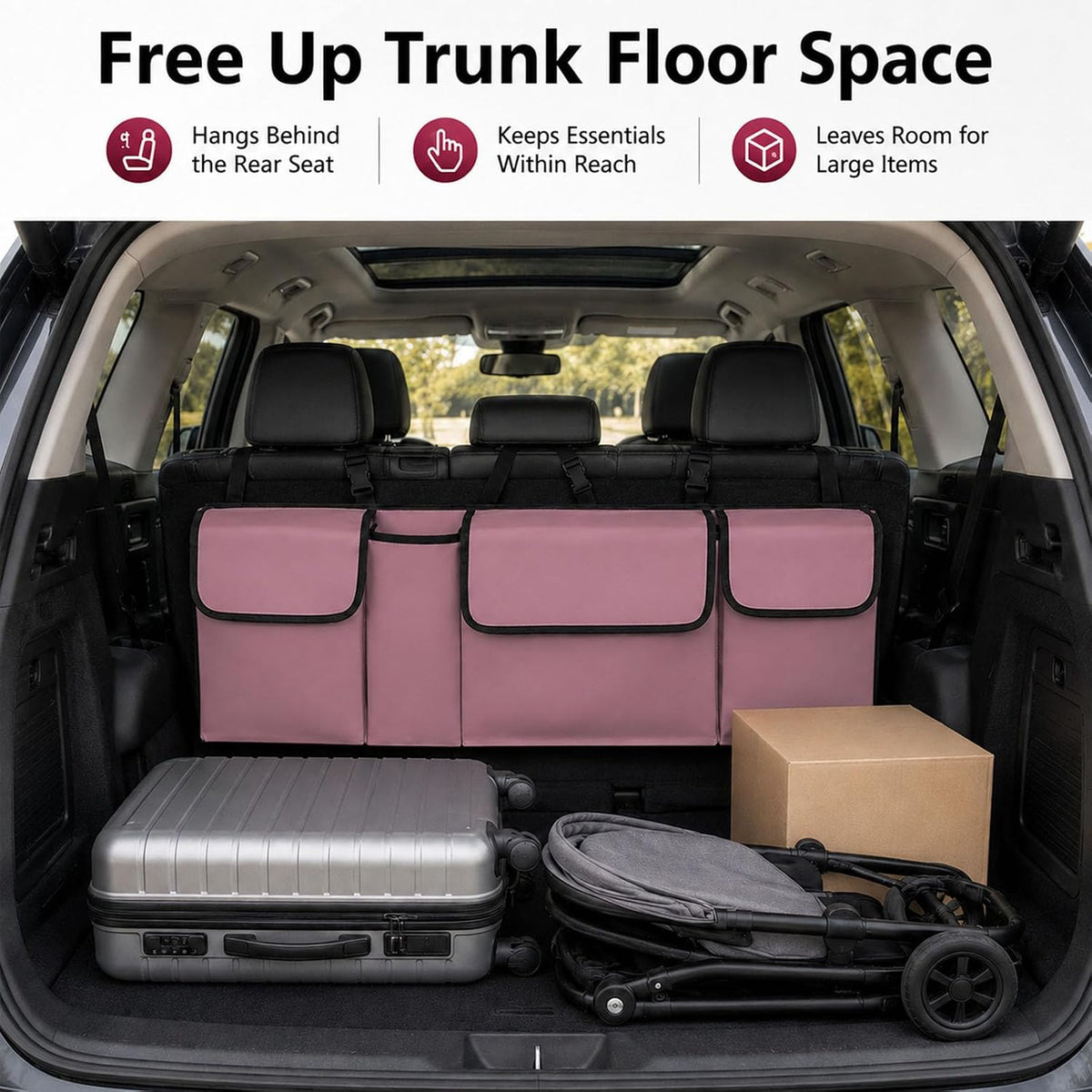 Car Trunk Organizer, Waterproof Backseat Hanging Large Storage with Adjustable Straps, Collapsible Cargo Bag with 4 Pockets, Sturdy Space Saver Frees Trunk Floor for SUV, Truck, MPV (Pink)