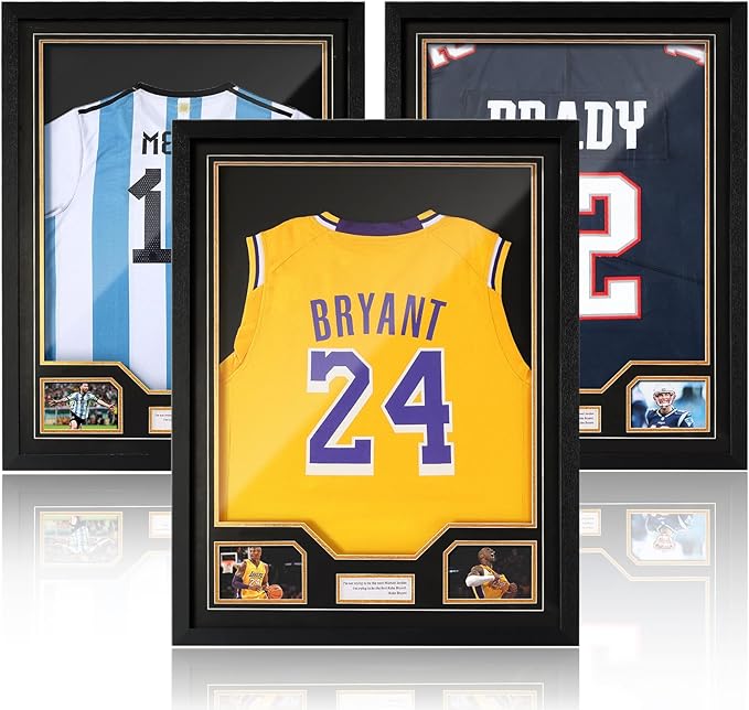 JupDec Jersey Frame Display Case 3 Pack, Large Clear Acrylic Shadow Box with UV Protection for Basketball Baseball Football Soccer Hockey Shirt, Wall Mount Wooden Showcase, Idea Gift for Sports Fans