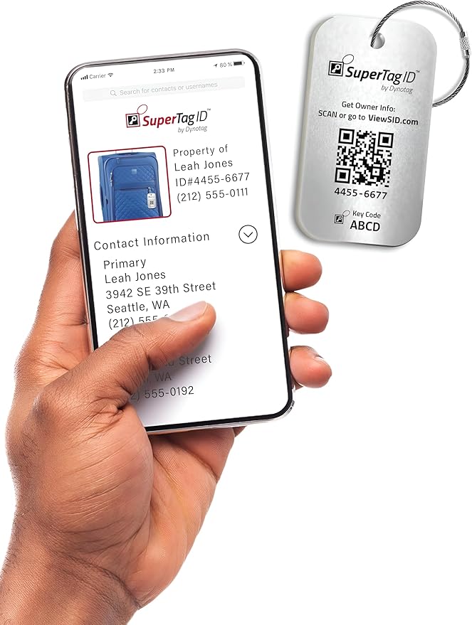 Dynotag® Sentry Series Solid Metal Web Enabled Smart Luggage Tag ID + Steel Loop, Anodized Aluminum with DynoIQ™ & Lifetime Recovery Service (Frost Silver)