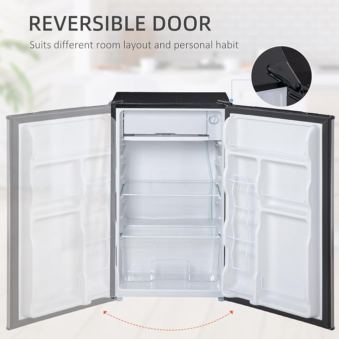 HOMCOM 3.2 Cu.Ft Mini Fridge with Freezer Single Reversible Door Silver | Compact Refrigerator, Adjustable Thermostat, Shelf, for Bedroom Dorm Home Office, Energy Efficient