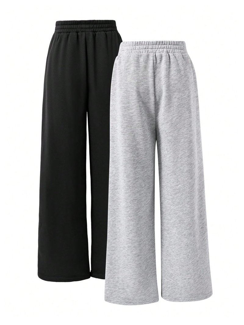 RoseSeek Girl's Baggy Sweatpants Elastic Waist Wide Leg Pants Joggers Track Sweat Pants Trouser 2 Pack Black Grey 12Y