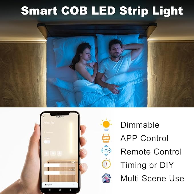 DAYBETTER COB LED Strip Lights, 16.4 ft/5m 1600 LEDs Bright Natural White LED Light Strips with Remote and App, 4000K Dimmable LED Tape Lights, Indoor COB LED Lights for Bedroom, Room Decor