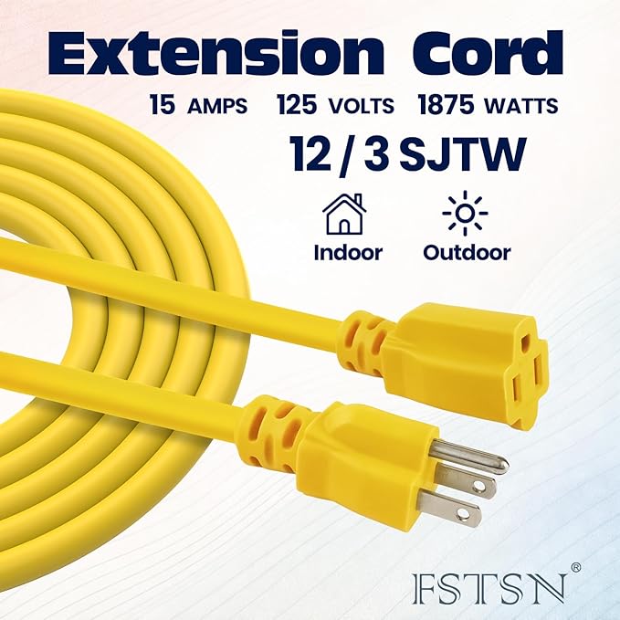 6 ft Heavy Duty Extension Cord Yellow - 12/3 SJTW 15 AMP Indoor Power Cord with 3 Prong Grounded Plug for Lawn Mower, Appliances, Workshop, Christmas Lights Water Resistant Flexible Cable.