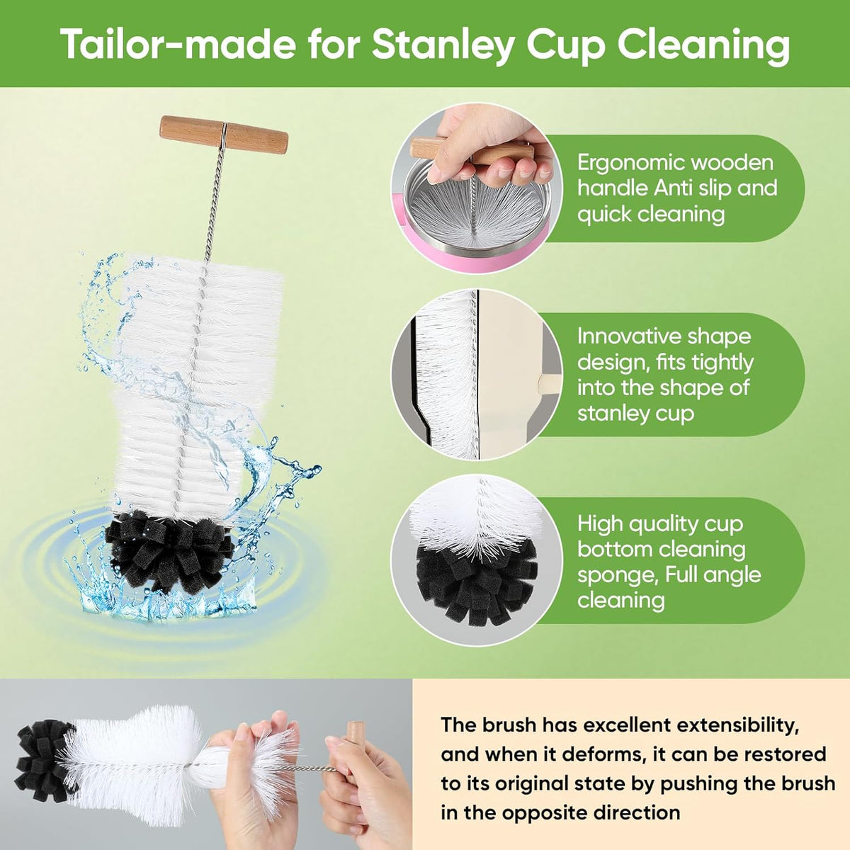 Skiennix 3-Piece Bottle Cleaning Brush Set - Long Wooden Handle for Tumblers & Mugs | Includes Straw & Lid Brushes