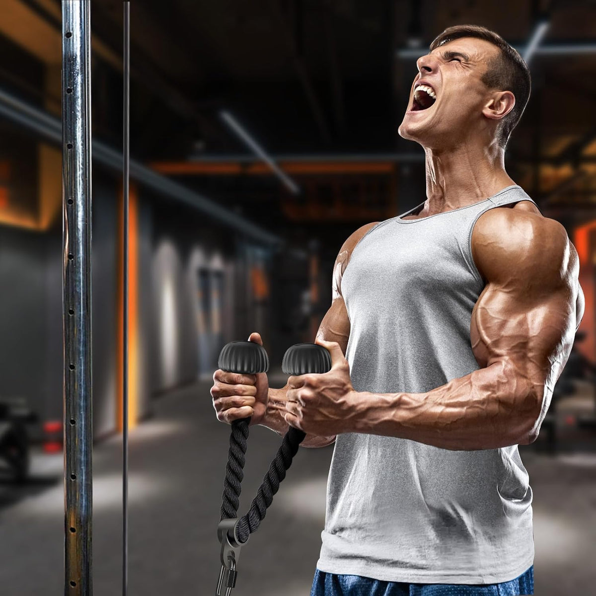 SELEWARE Triceps Rope - Non-Slip Soft Rubber Ends for Home Gym | 28 & 36 Inch LAT Pulldown Attachment in Black and Orange