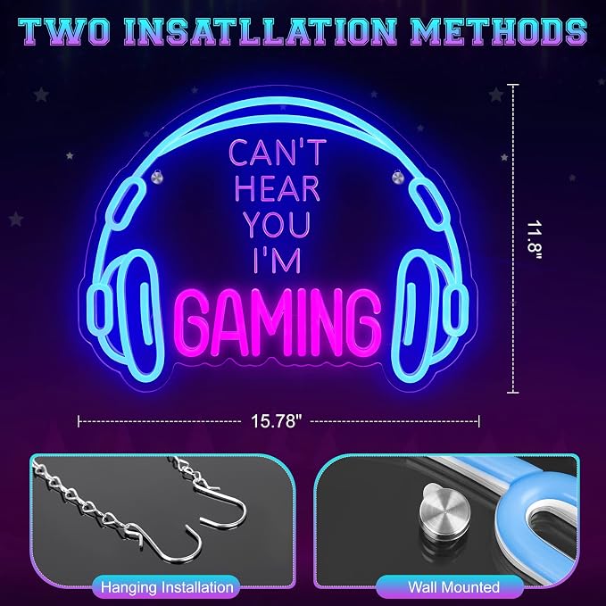 Gaming Neon Sign, Large Bright and Dimmable Colored LED Headset Gamer Neon