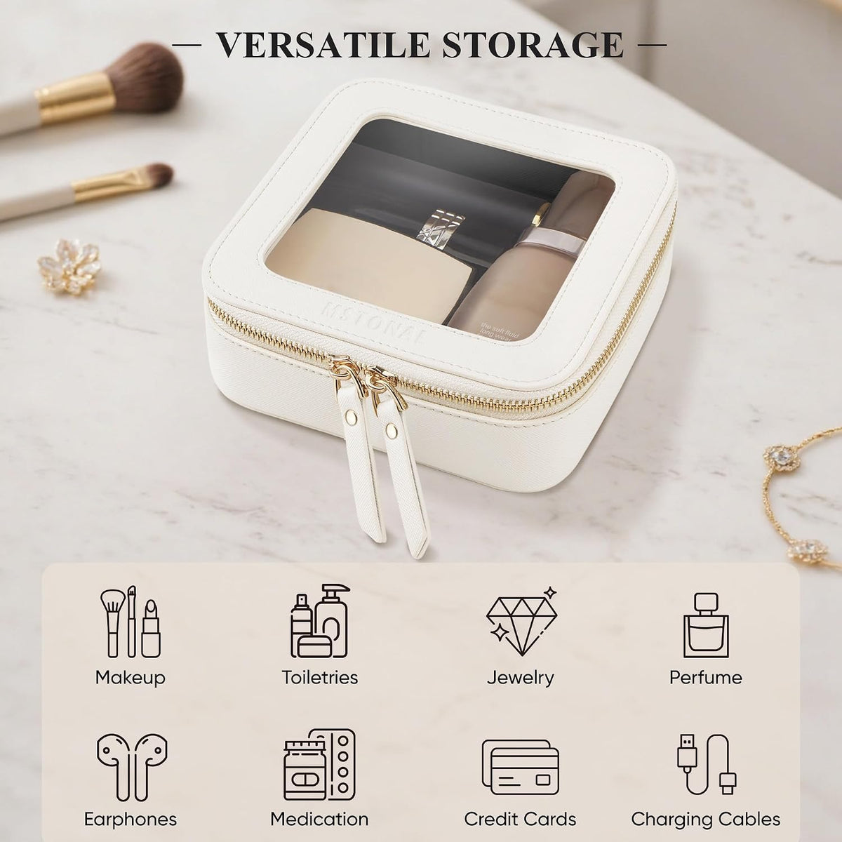 Small Clear Makeup Bag for Purse, Travel Cosmetic Case, Ivory, Mini
