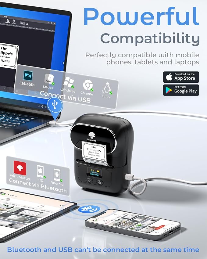 Phomemo Label Maker with 3 Roll Labels and Bag, Barcode Label Printer