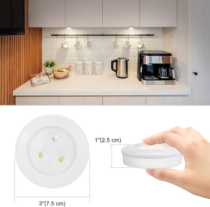 Wireless LED Puck Lights, Touch Activated Tap Ligh Push Light, Battery Operated Stick On Lights for Under Cabinet, Kitchen, Closet & Counters, 6-Pack, White