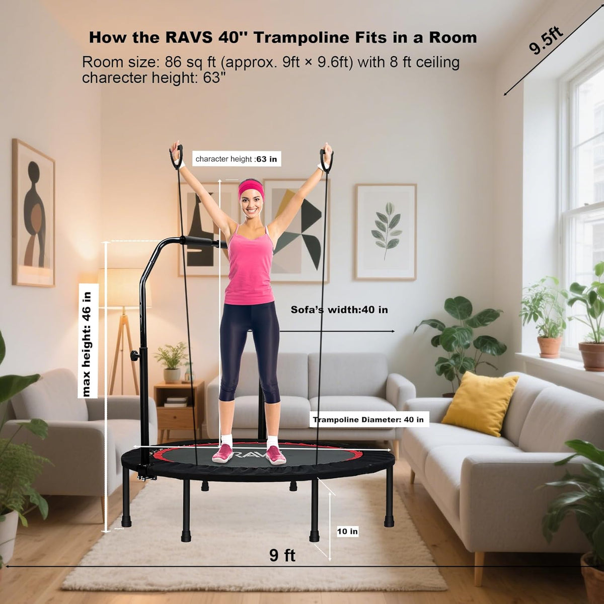 RAVS Mini Trampoline - Foldable Fitness Rebounder for Kids & Adults | 40"/48" with Adjustable Handle & Resistance Bands