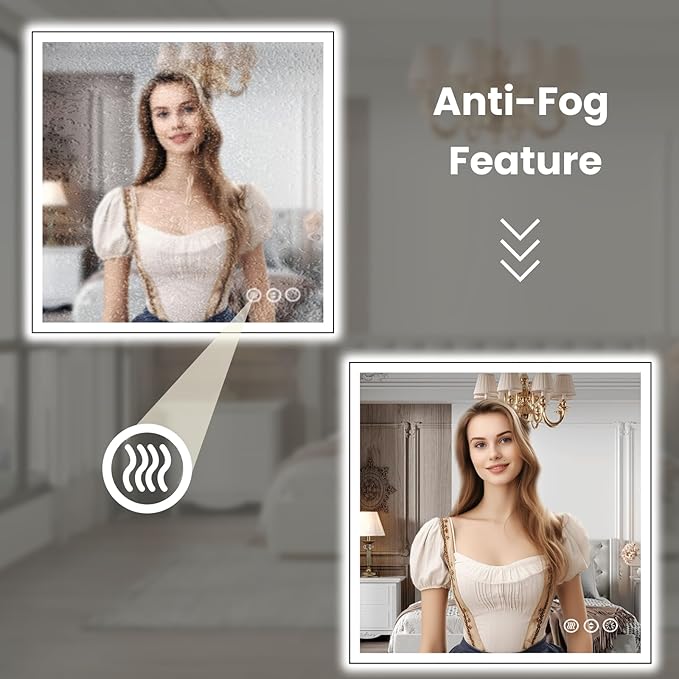 WTTY 36"X36" LED Bathroom Mirror with Black Frame, Bathroom Vanity Mirror with Lights for Wall, Front Light and Backlit, Anti-Fog, Dimmable, 3 Colors, Shatterproof, Memory, Horizontal/Vertical