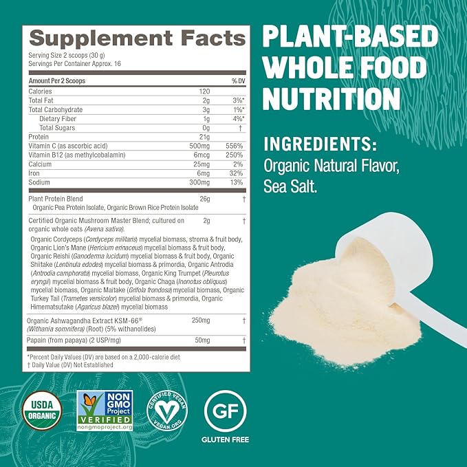 OM MUSHROOM SUPERFOOD Master Blend Mushroom Plant-Based Protein, 16 Servings Unsweetened Original, Unsweetened Plant-Based Protein with 10 Mushrooms & Adaptogens