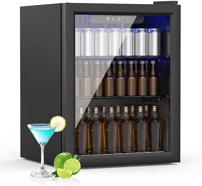 70 Can Mini Fridge, 1.7 Cu.Ft Beverage Refrigerator Glass Door | Compact Drink Fridge with Reversible Door for Soda Wine Beer, Quiet Small Cooler for Home Office Bar, Black (37-61 ℉)