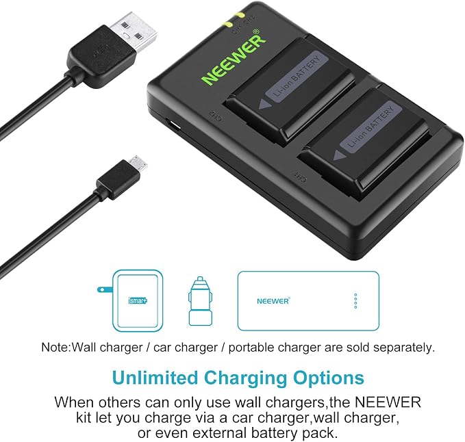 Neewer 2-Pack NP-FW50 Replacement Battery and Dual USB Charger Compatible