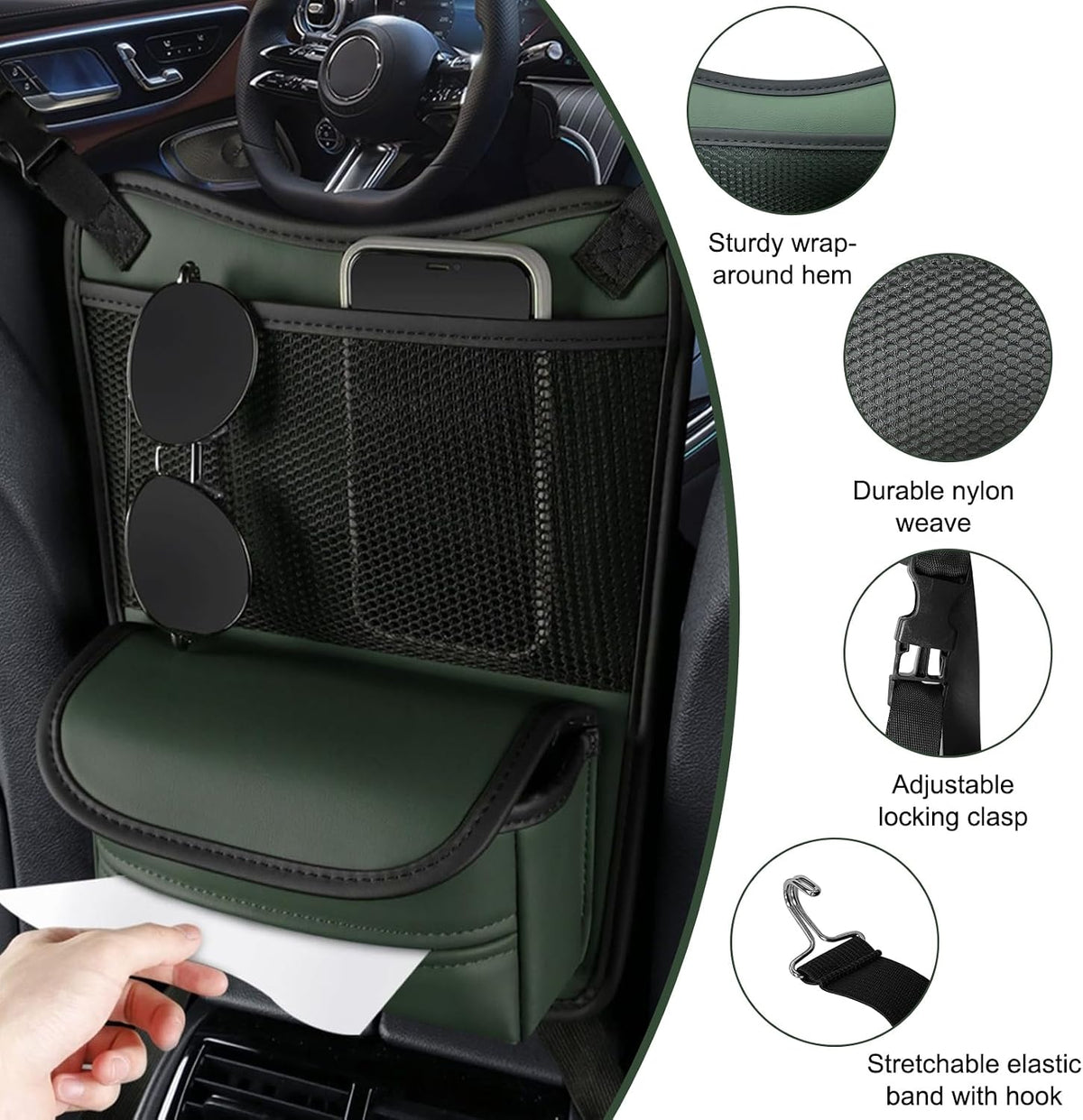 Ohleats Car Organizer Storage Between Seats, Nappa Leather Auto Handbag Holder for Document Phone Storage, Large Capacity Automotive Console Pocket Purse, Car Accessories (Green)