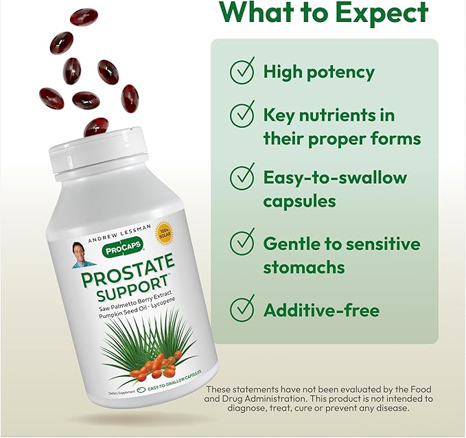 ANDREW LESSMAN Prostate Support Supplement for Men's Health, 30 Softgels, No Additives - Saw Palmetto for Men, Pumpkin Seed Oil, Lycopene, Omega-3 for Prostate Health, Urinary, Bladder Function