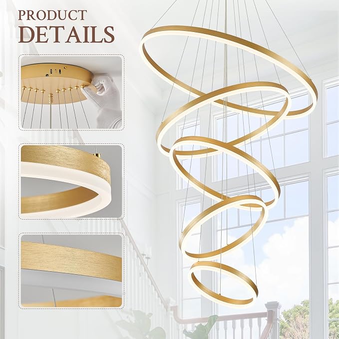 5-Rings D31.5in Modern LED Chandelier Gold Dimmable High Ceiling Chandeliers