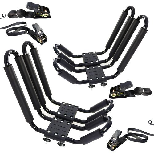 2 Pairs Kayak Rack J-Bar Car Roof Rack for Canoe Carrier SUP Paddle Surfboard Mount on Car SUV and Truck Crossbar, Includes 4 Pcs Roof Rack Tie Down Straps.