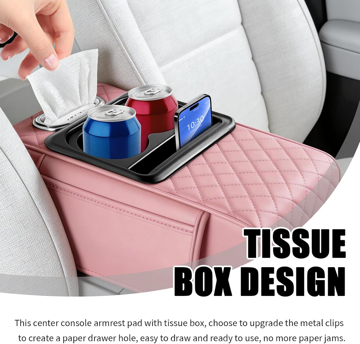 5-in-1 Car Center Console Cover,Leather Car Armrest Cover with Cup Holder/Storage Pocket/Phone Holder/Cars Tissue Holders,Thickened Cars Armrest Storage Box for Relieving Elbow Fatigue (Pink)