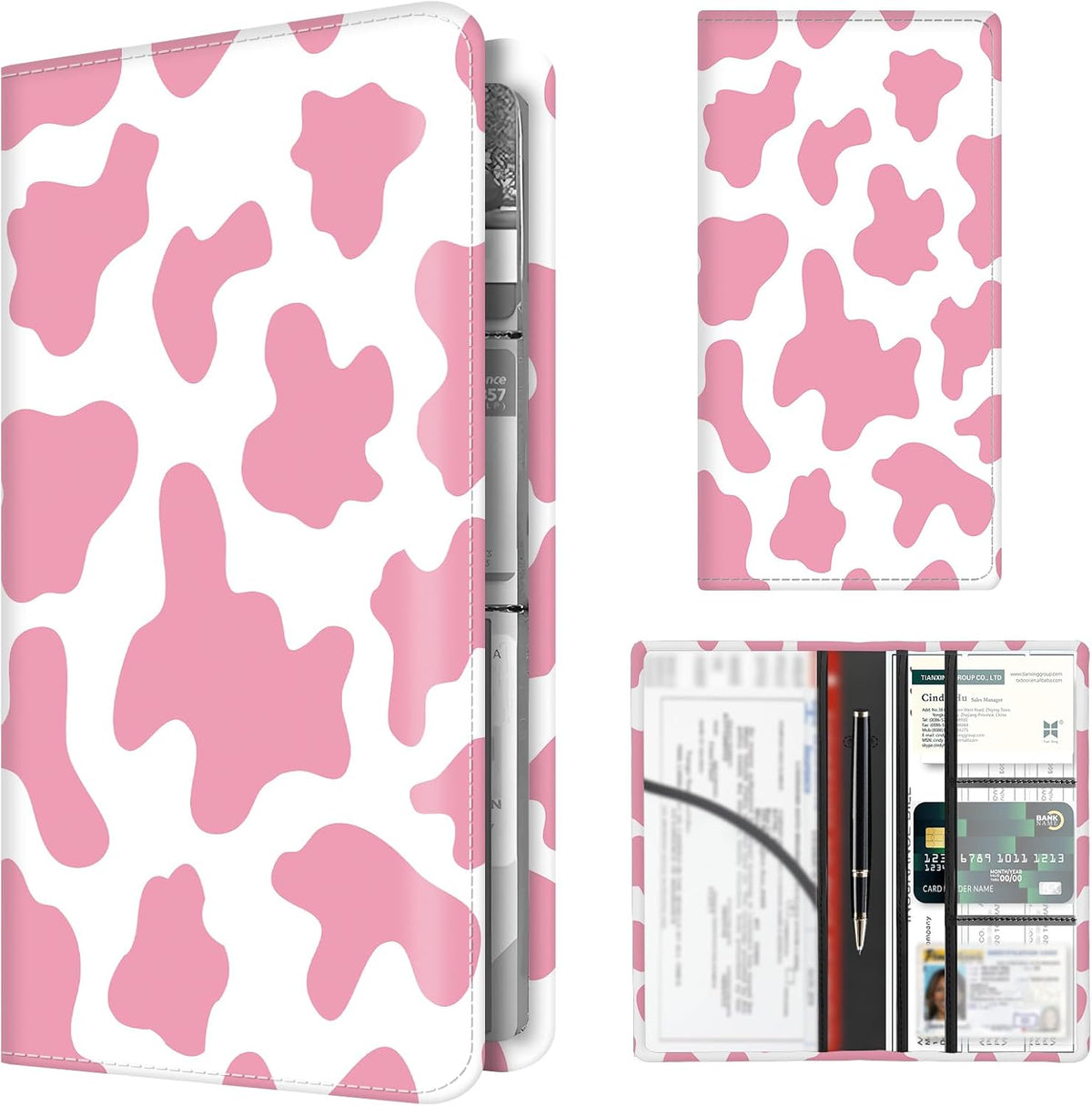 Premium Car Registration and Insurance Card Holder, Cute PU Leather Car Document Holder, Vehicle Glove Box Car Organizer with Magnetic Closure for Driver License, Cards Leopard Rose