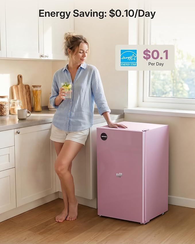 Upstreman 3.2 Cu.Ft All-Refrigerator Mini Fridge, Pink-CR32 | Petal Pink Finish, 7-Level Thermostat, ENERGY STAR Certified, Reversible Door, Small Fridge for Office, Bedroom or Dorm