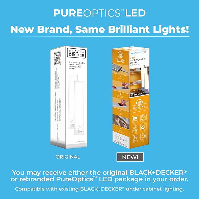 PureOptics LED Rechargeable Under Cabinet Lighting, Motion Sensor On/Off, Warm White LED, Stick-On Install for Kitchen & Closets - 2 Bars