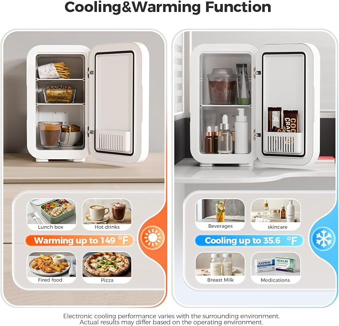 OSTBA Mini Fridge for Skincare, 6 Liter/8 Can 110V AC/ 12V DC Portable Thermoelectric Cooler Refrigerators for Bedroom, Skincare, Beverage, Office, Dorm Room and Car, White