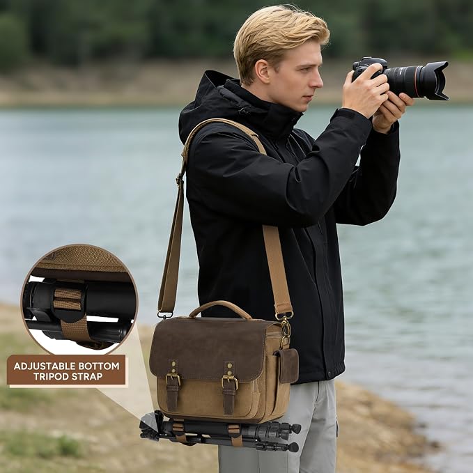 RAINSMORE Camera Bag, Vintage Canvas Camera Sling Bag Small Waterproof DSLR SLR