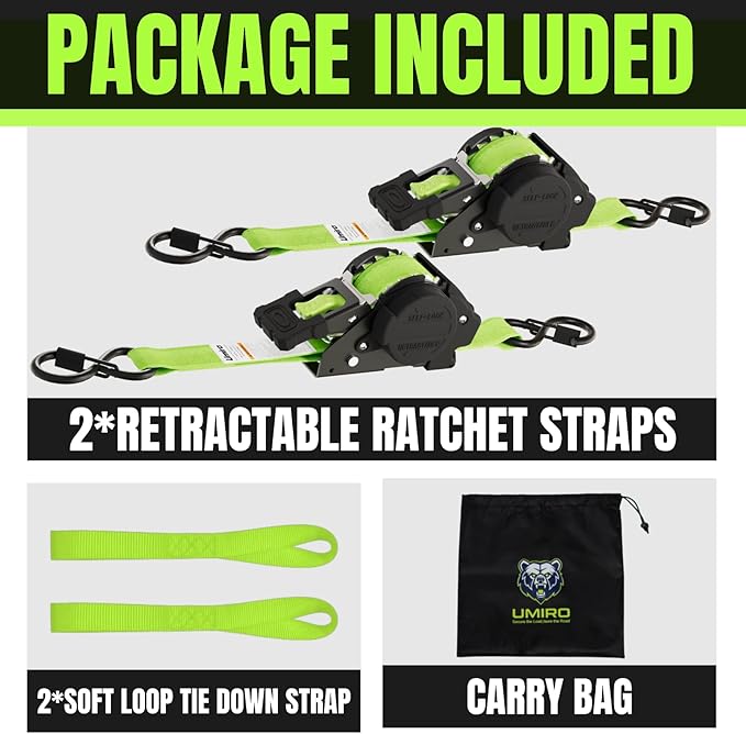 Retractable Ratchet Straps 1 Inch x 12 Feet Heavy Duty Tie Downs Auto Retract Strap 1760lb Break Strength,Self Retracting for Truck,Cargo,Trailer,Motorcycle,ATV,UTV (Fluorescent Green,2 Pack)