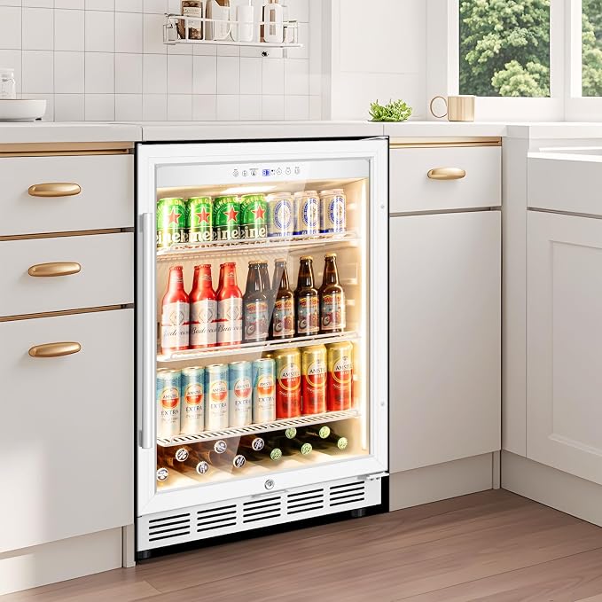 24" Beverage Refrigerator Glass Door Reversible White | Built-in/free, fast cool, <38dB, temp memory, glass+lock, 37-65°F, 190 can