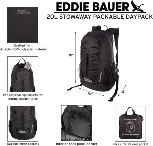 Eddie Bauer Stowaway Packable Backpack - Lightweight, Durable Travel Bag | 20L - Black Cherry