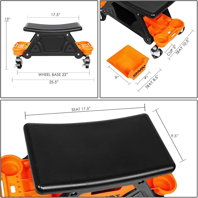 DNA Motoring TOOLS-00189 Mechanic Stool - 25-1/2" x 13" x 12" (L x H x W), Rolling Work Seat w/Lockable Swivel Wheels and Storage Tool Tray