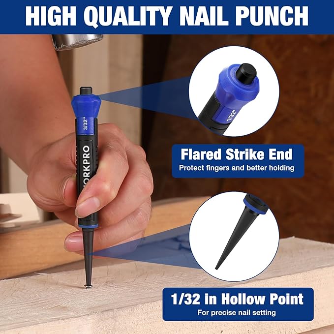 WORKPRO Pry Bar and Nail Punch Set, 5-1/2" Mini Pry Bar, 12" Prybar, 5" Nail Setter, 3-IN-1 Utility Claw Bar for prying, scraping, lifting, pulling, Perfect for Home Remolding & Woodworking