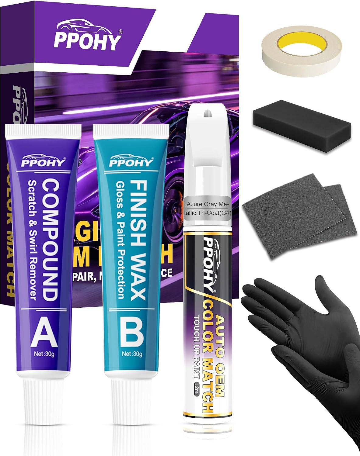 Azure Gray Metallic Tri-Coat(G4) Touch Up Paint for Ford with A/B Wax OEM Exact Match,Scratch Repair Kit,2-In-1 Tip/Brush,Quick Dry Anti-Rust Waterproof Paint F-150,Mustang,Explorer,Bronco