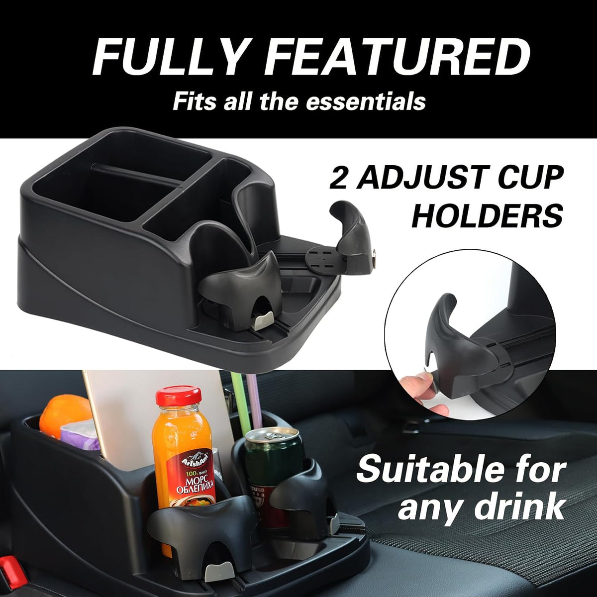 Center Console Organizer,Automotive Consoles Organizers and Storage with 2 Adjustable Cup Holders,Back Bench and Front Seat or Floor Middle Console Universal for Car Truck RV Van SUV (Black)