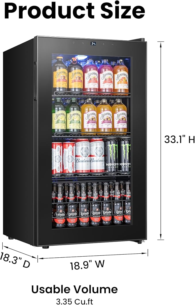 Yeego Beverage Refrigerator, 130 Can Mini Fridge with Glass Door, Adjustable Shelves, Digital Temperature Control 34°F-54°F, Drink Cooler for Soda, Beer and Wine, Freestanding or Under Counter, Black