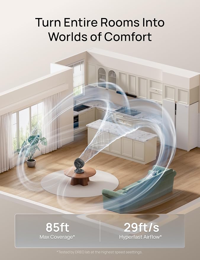 DREO Smart Fan for Bedroom, Powerful 85 ft Airflow, 12 Inches, Desk Fans in 20dB Quiet, 90°+90° oscillating fans, App/Voice Control, 9 Speeds & 8/12H Timer for Home Office Dorm