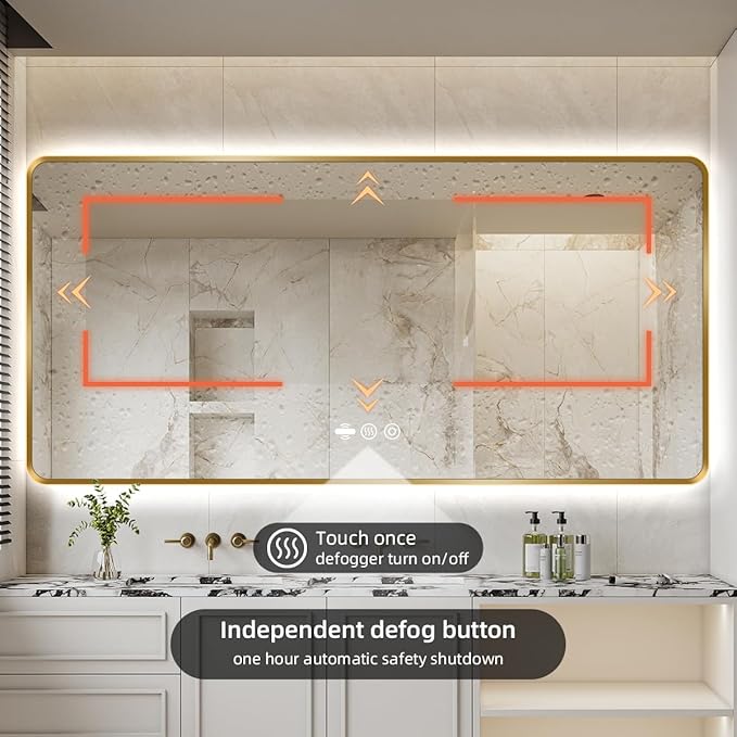 66 x 36 Gold LED Bathroom Mirror, Metal Framed Rounded Corner Rectangle Backlit Mirror Bathroom, Anti-Fog, 3-Color Stepless Dimmable Lighted Mirror, Motion Sensor Lights, Memory Function