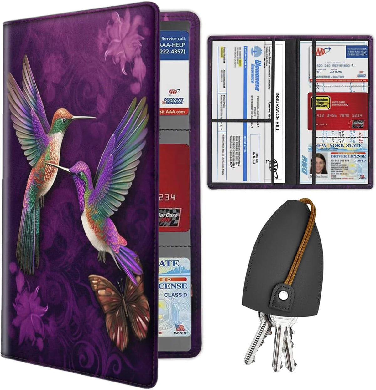 Car Document Holder with Magnetic Shut, PU Leather Car Registration & Insurance Card Holder for Driver License, Cards & Essential Documents, Vehicle Glove Box Organizer, Purple Heart Balloon Pattern