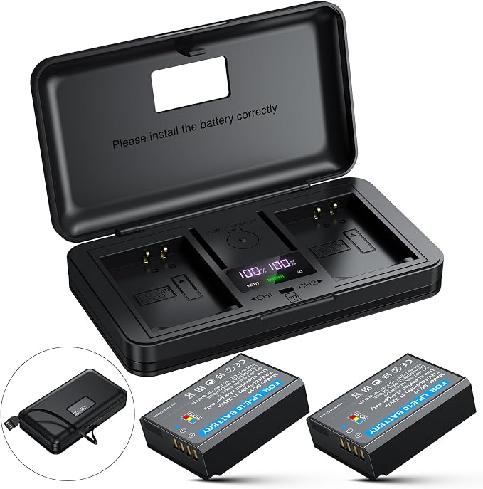 LP-E10 Battery 2-Pack 1600mAh and Digital Display Dual USB Charger