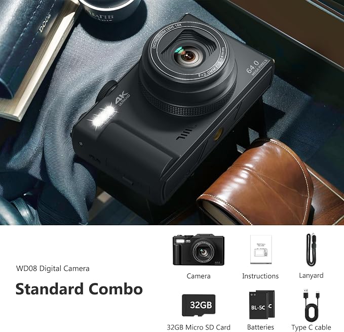 4K Digital Camera for Photography, 64MP Vlogging Camera for YouTube
