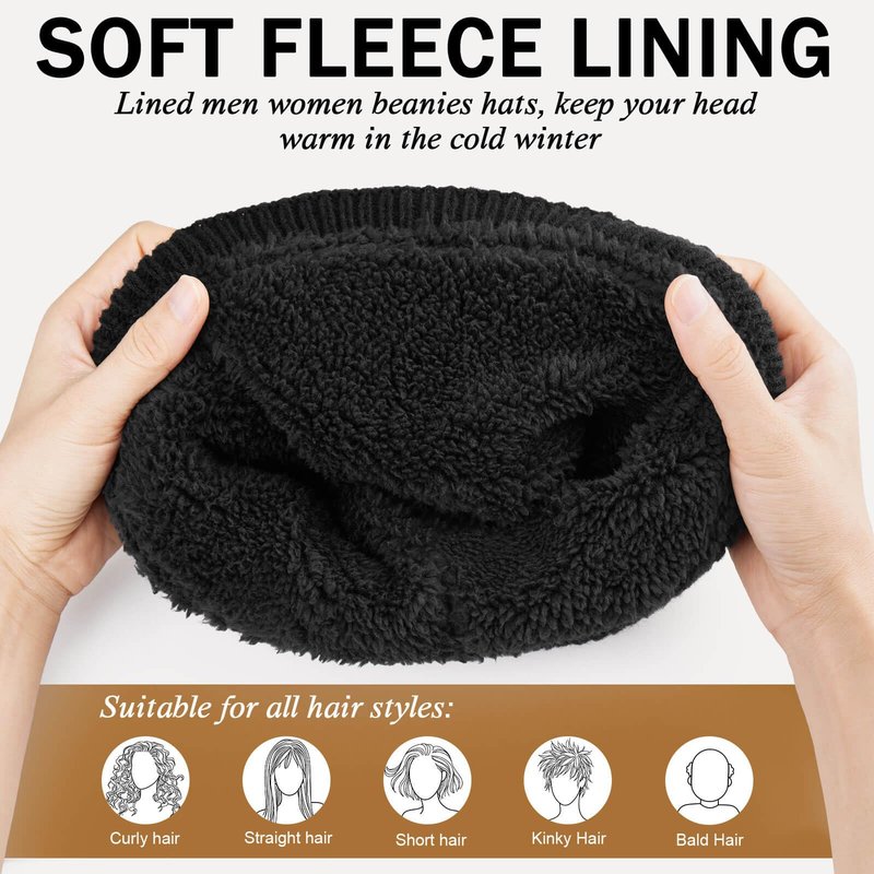 OZERO Winter Beanies Hats Men: Beanie with Ear Flaps Outdoor Thermal Knitted Hat - Soft Warm Knit Ski Stocking Polar Fleece Cuffed Cap for Men Women, Black