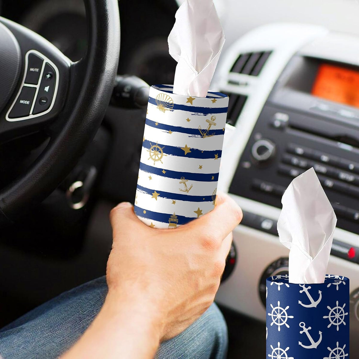 4 Pcs Nautical Round Tissues Box Car Holder Set with Facial Tissue Bulk Nautical Travel Tubes for Car - 50 Sheets Cylinder Face Towel Containers Fit for Cup Holder Round Storage for Car, Travel
