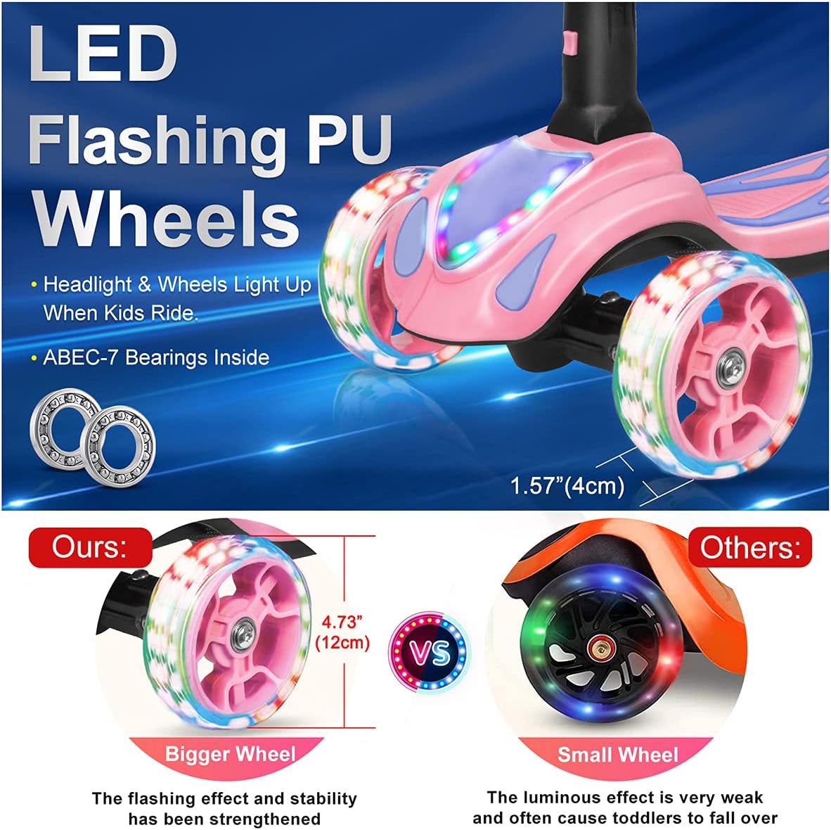 Skiennix 3-Wheel Scooter for Kids - Bluetooth Speaker, LED Lights, Foldable Design | Ages 3-10