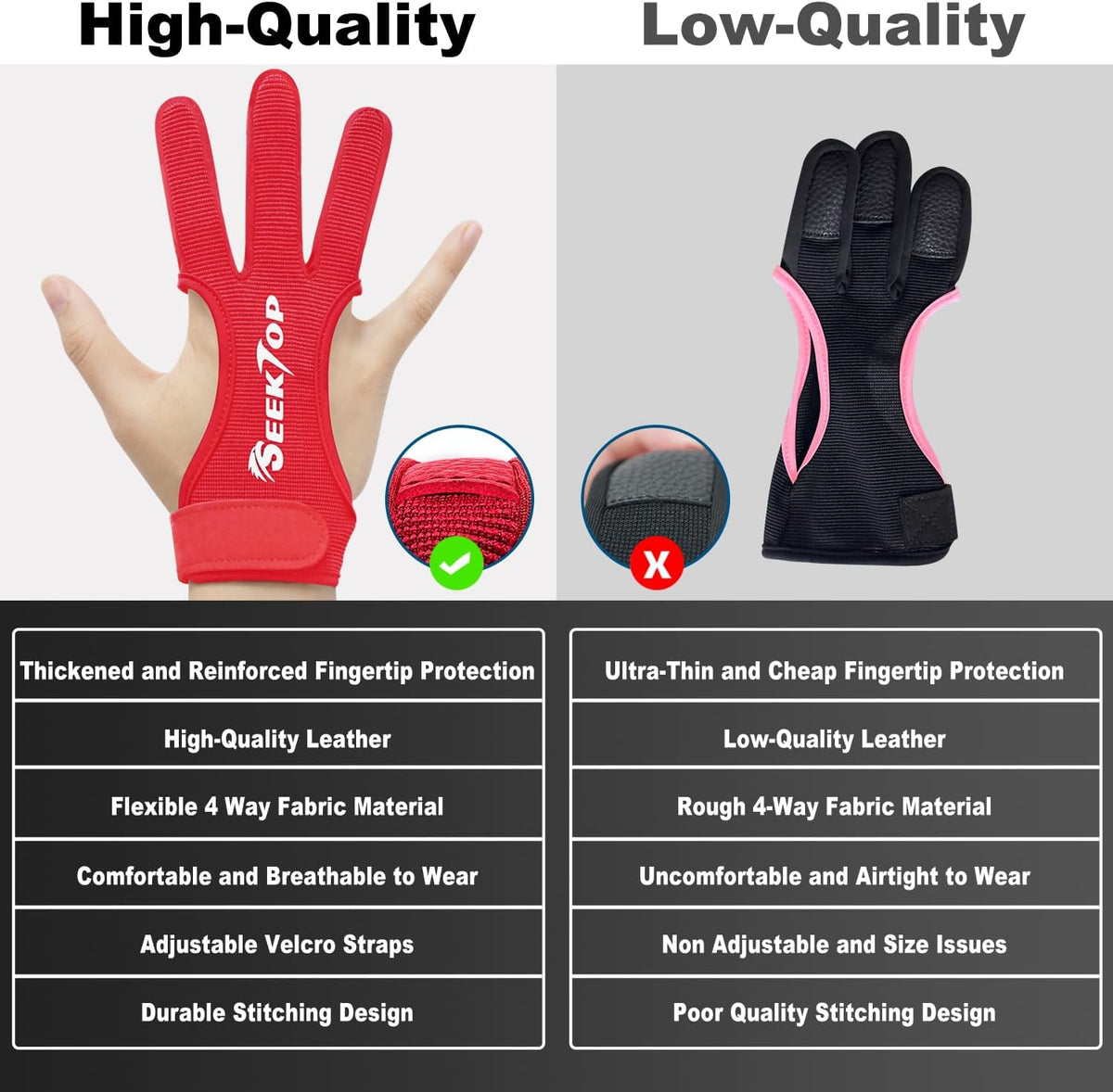 Seektop Archery Gloves - Leather Three Finger Protector for Youth & Adult Beginners